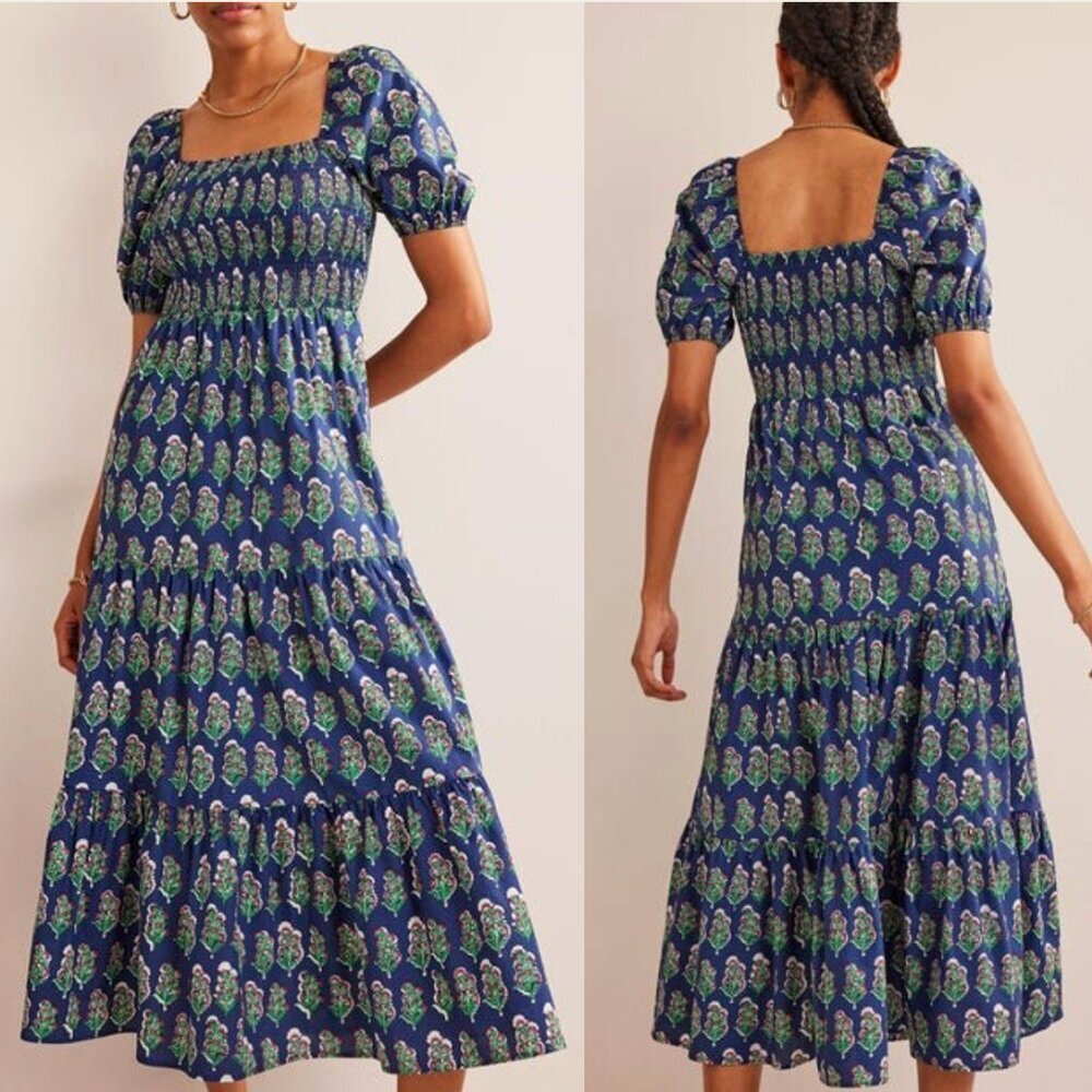 Boden Smocked Bodice Floral Maxi Dress in French Navy Blue, Artisan Bloom, 6R